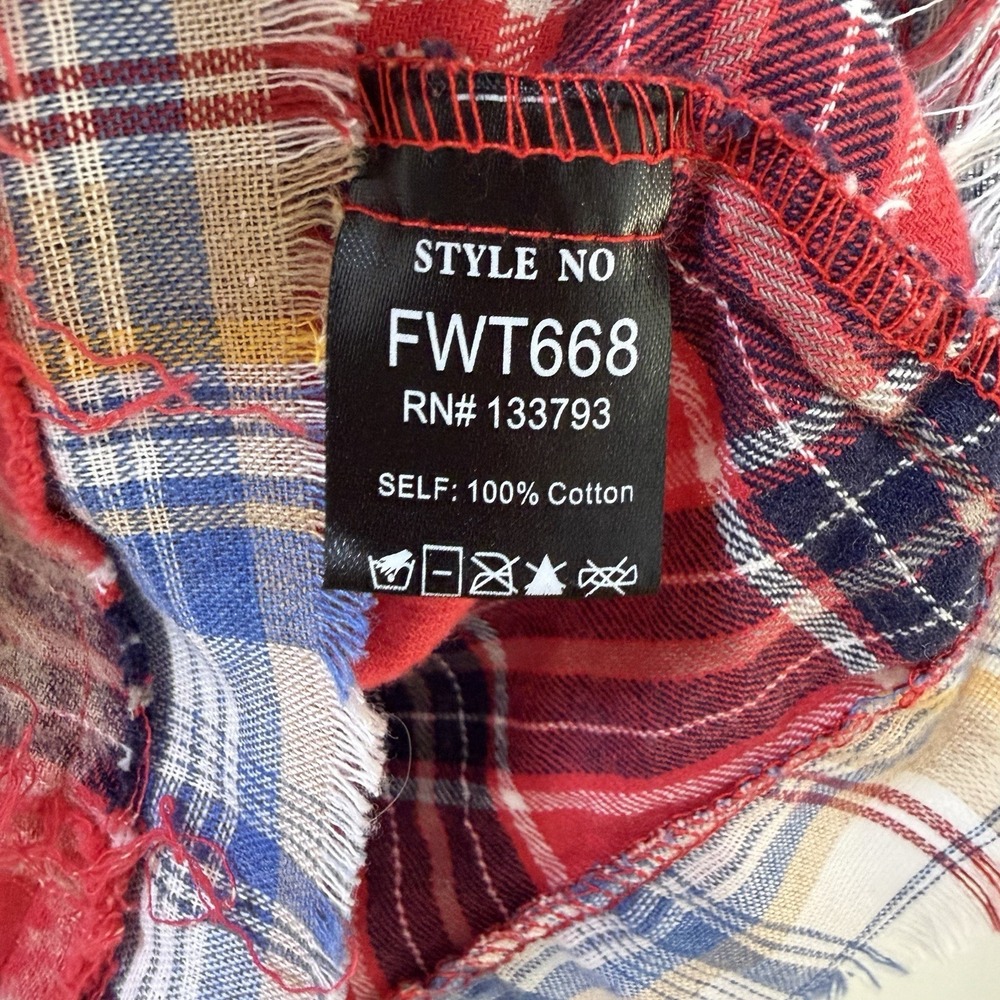 POL Womens Patchwork Flannel Plaid Button Up Shirt S Red Western Boho Raw Hem - Picture 8 of 9